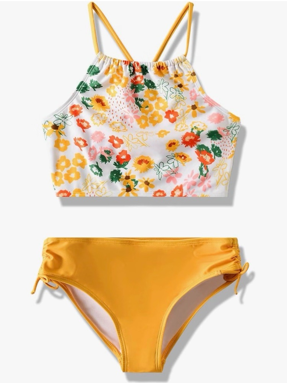 Girls Yellow Floral High-Neck Two-Piece Swim Set
